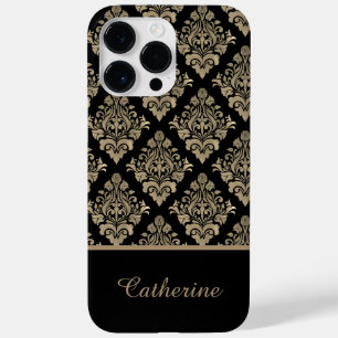 Damask Black Gold Swirl Personalised Name Case-Mate iPhone 14 Pro Max Case