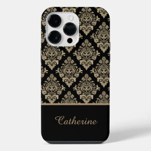 Damask Black Gold Swirl Personalised Name iPhone 14 Pro Max Case