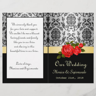 Damask black, grey, red roses Wedding Program
