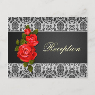 Damask black grey, red roses Wedding  Reception Invitation Postcard