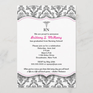 Damask Black hot pink Nurse graduation RN BSN LPN Invitation