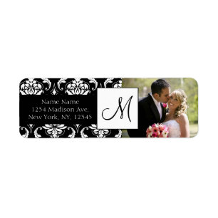 Damask Black Monogram Photo Wedding Address Labels