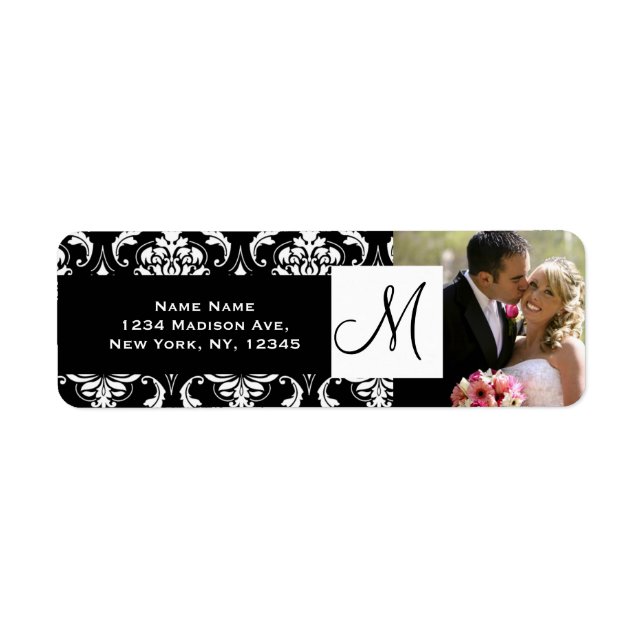 Damask Black Monogram Photo Wedding Address Labels (Front)