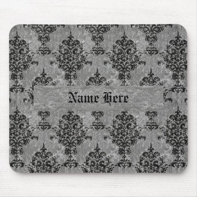 Damask Black on Faux Grey Stone Mouse Mat (Front)