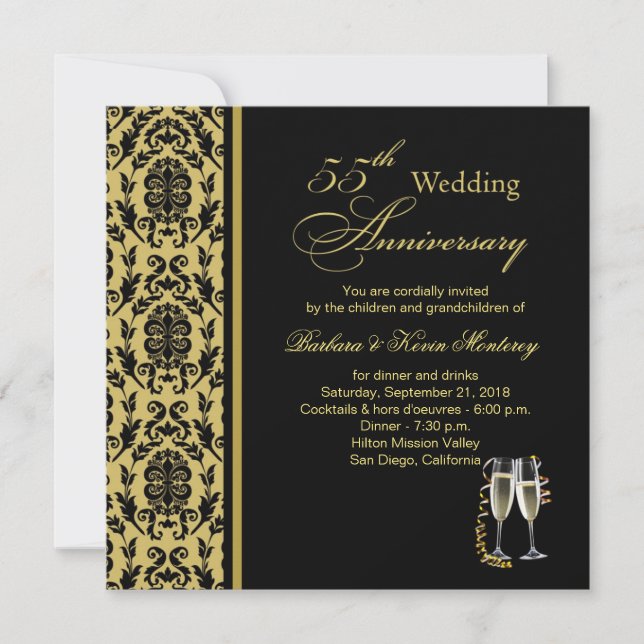 Damask black on gold 55th Wedding Anniversary Invitation (Front)