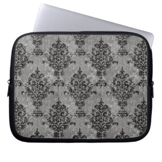 Damask Black on Grey Faux Stone Laptop Sleeve