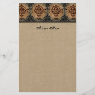 Damask Black on Tan Faux Parchment Stationery