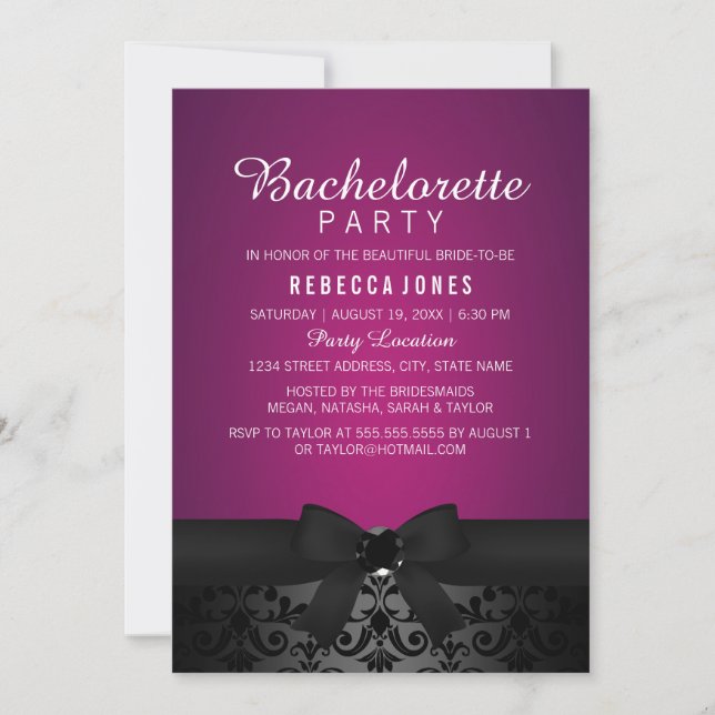 Damask Black & Pink Bow Bachelorette Party Invite (Front)