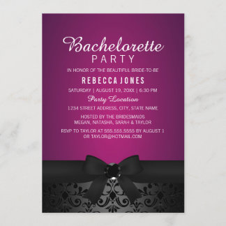 Damask Black & Pink Bow Bachelorette Party Invite