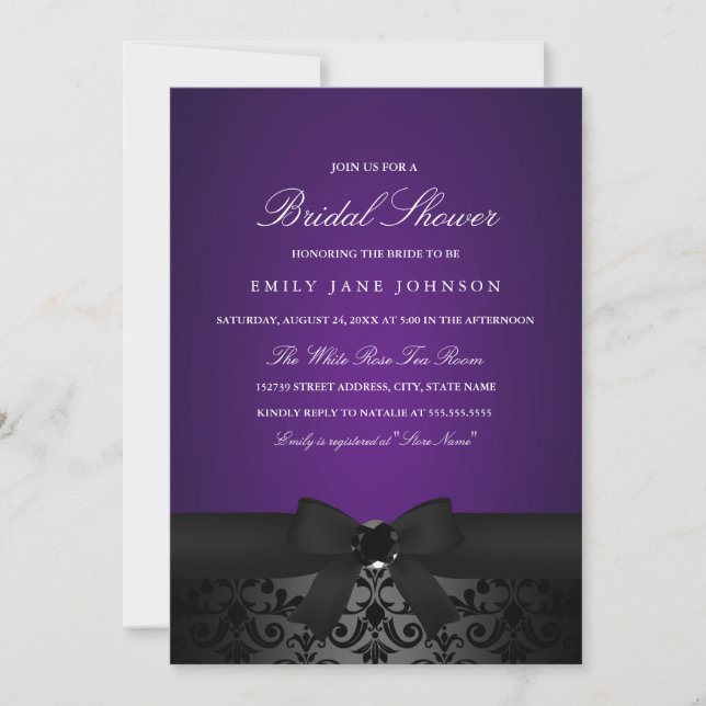 Damask Black & Purple Bow Bridal Shower Invite (Front)