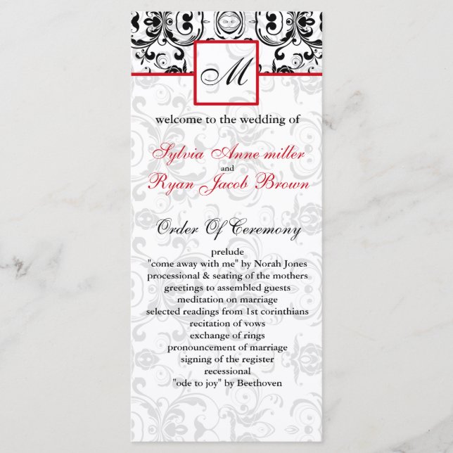 Damask black red MONOGRAM Wedding program Programme (Front)