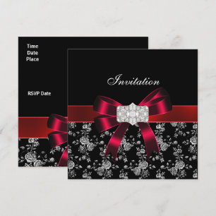Damask Black Red White Jewel Bow Invitation