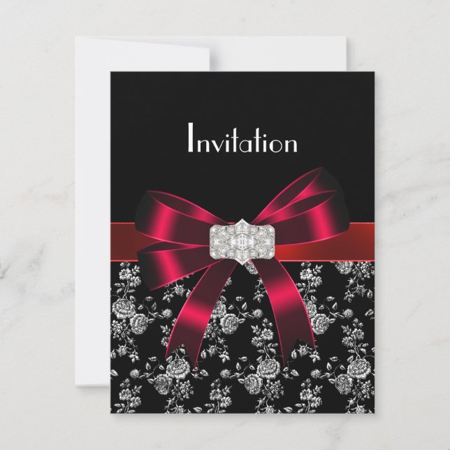 Damask Black Red White Jewel Bow Invitation (Front)