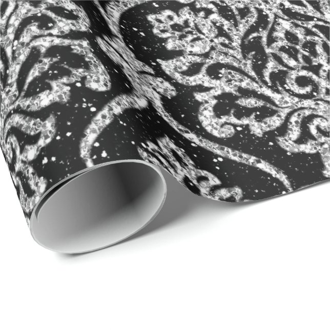 Damask Black Royal Gray Silver Glitter Wrapping Paper (Roll Corner)