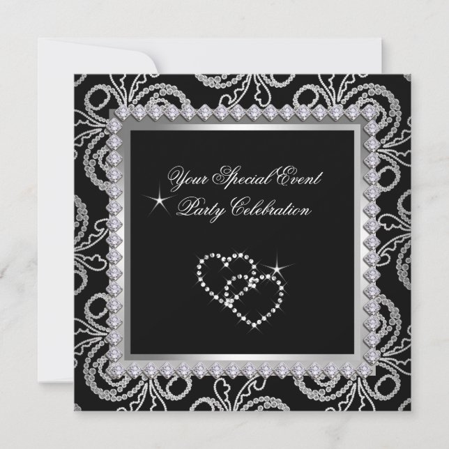 Damask Black Silver Diamonds Heart Party Invitation (Front)