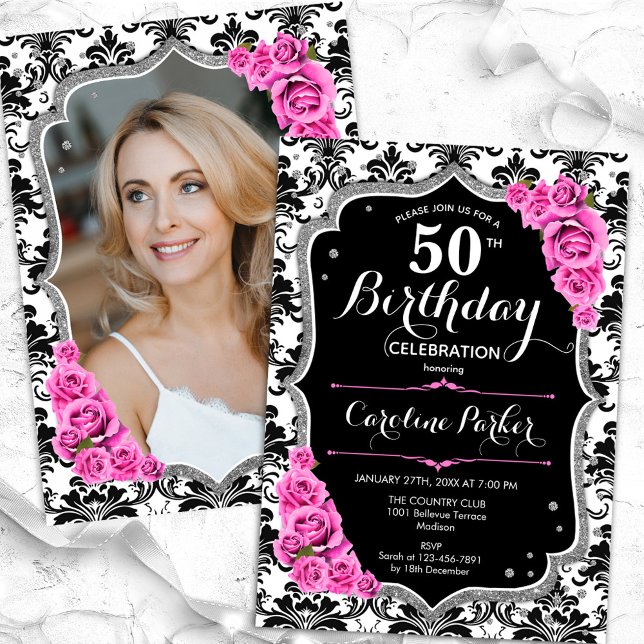 Damask Black Silver Pink Photo 50th Birthday Invitation (Creator Uploaded)