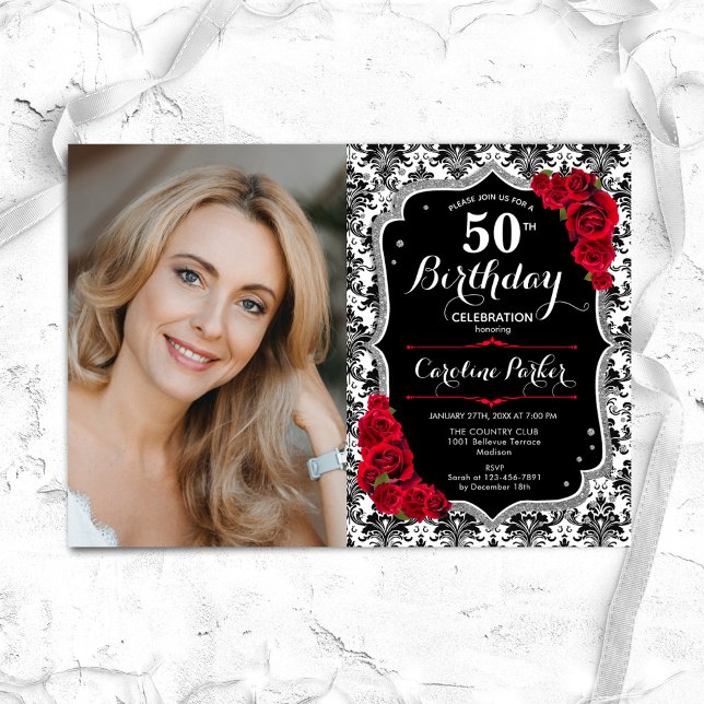 Damask Black Silver Red Roses Photo 50th Birthday Invitation (Creator Uploaded)