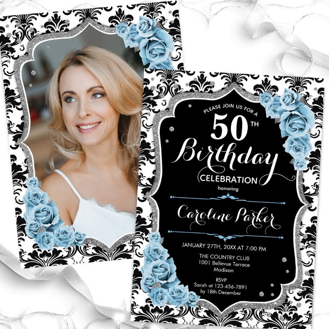 Damask Black Silver Royal Blue Photo 50th Birthday Invitation (Creator Uploaded)