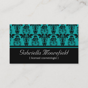 Damask Black Teal Cosmetologist Business Card