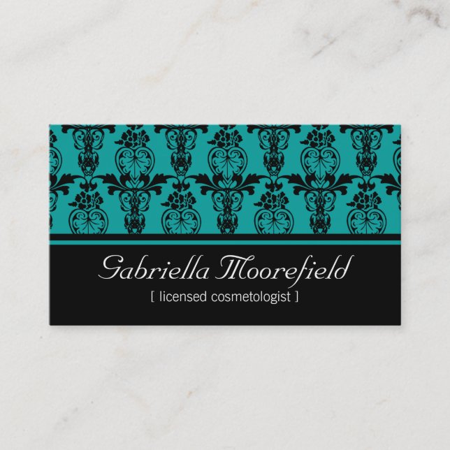 Damask Black Teal Cosmetologist Business Card (Front)