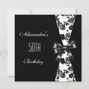 Damask Black White 50th Birthday Invitation Floral