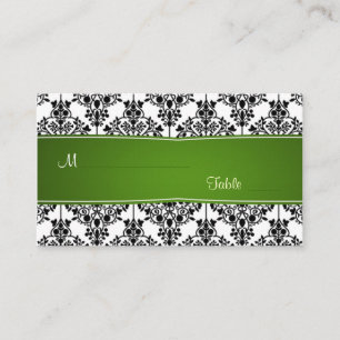 Damask black, white and green Place card