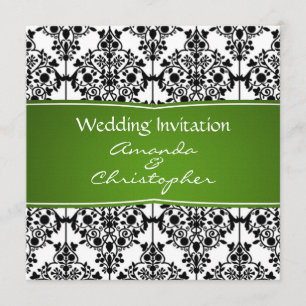 Damask black, white and green Wedding Invitation