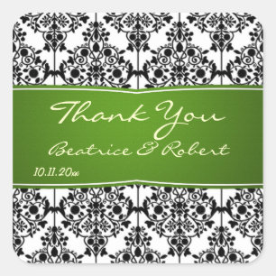 Damask black, white and green Wedding Thank You Square Sticker