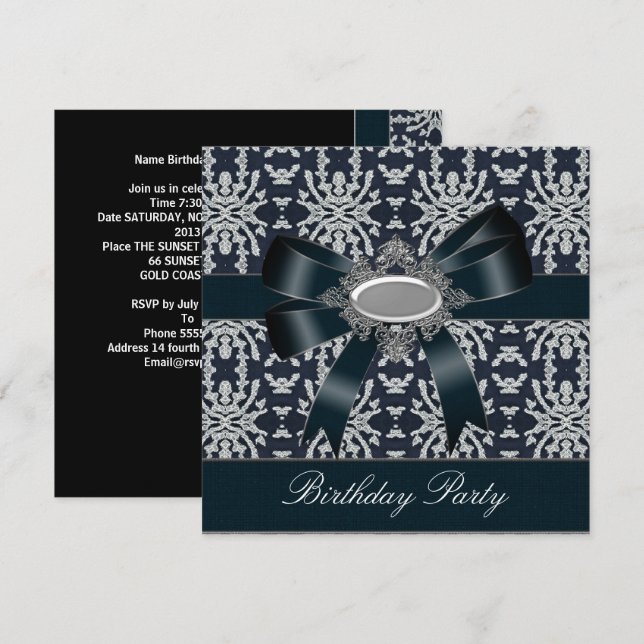 Damask Black White Bow Invitation All Occasion (Front/Back)