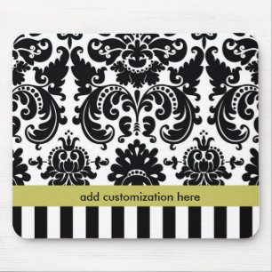 Damask Black White Chartreuse + Stripes Mouse Pad