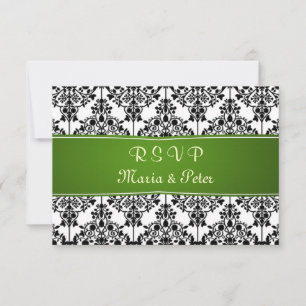 Damask black, white, green RSVP Invitation