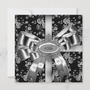 Damask Black White Jewel Silver Bow 40th Invitation