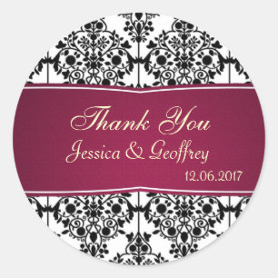 Damask black, white, magenta Thank you Wedding Classic Round Sticker