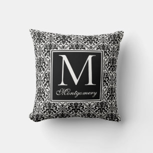 Damask Black White Monogrammed Cushion