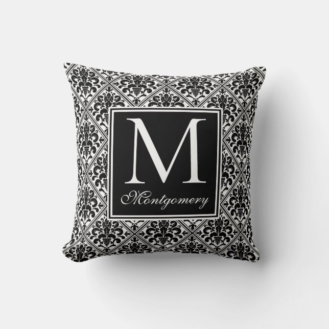Damask Black White Monogrammed Cushion (Front)