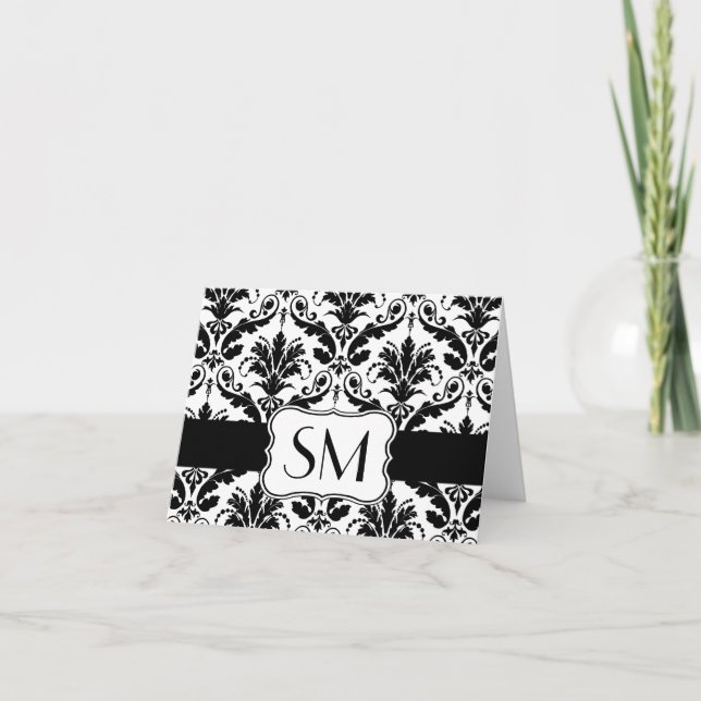 Damask black white Monogrammed  Thank you Card (Front)