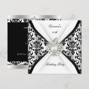 Damask Black White Pearl Diamond Birthday Party Invitation