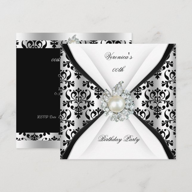 Damask Black White Pearl Diamond Birthday Party Invitation (Front/Back)