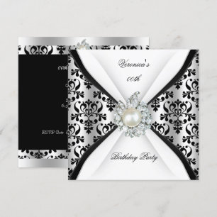 Damask Black White Pearl Diamond Birthday Party Invitation