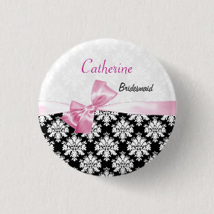 Damask black white, pink bow Wedding Bridesmaid 3 Cm Round Badge