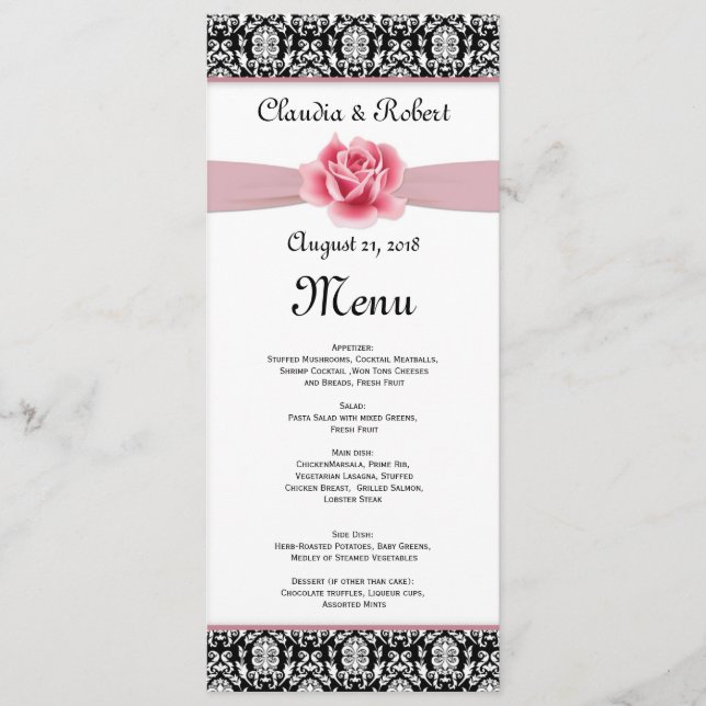 Damask black white, pink rose Wedding Menu (Front)