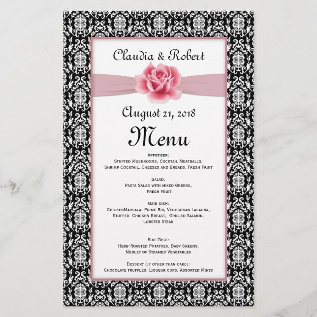 Damask black white, pink rose Wedding Menu (Front)