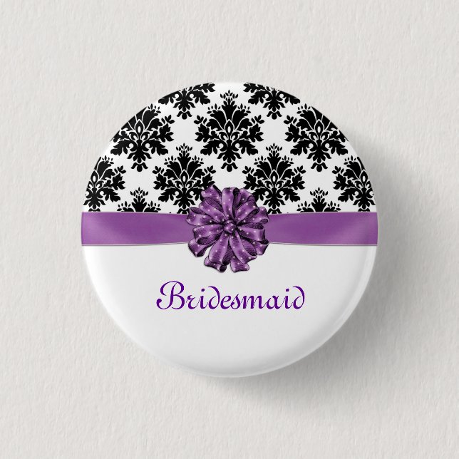 Damask black white purple bow Wedding Bridesmaid 3 Cm Round Badge (Front)