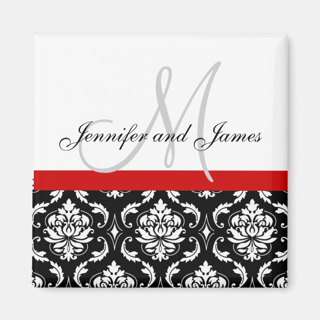 Damask Black White Red Monogram Names Magnet (Front)