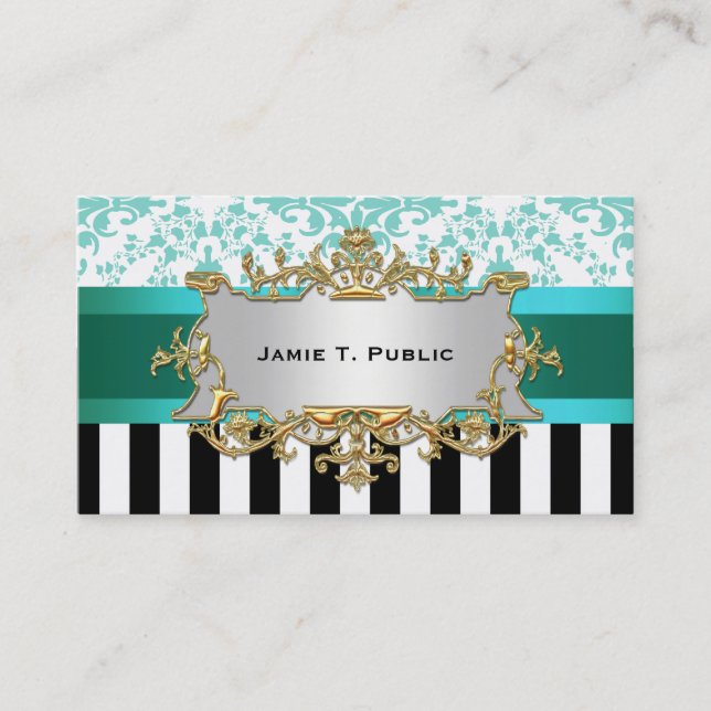 Damask, Black White Stripe Aqua Ribbon, Gold Label Business Card (Front)