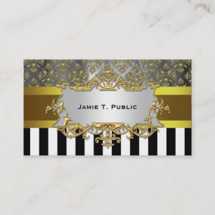 Damask, Black White Stripe Gold Ribbon, Gold Label Business Card