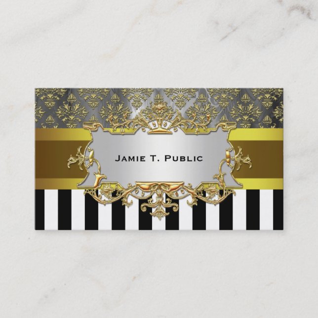 Damask, Black White Stripe Gold Ribbon, Gold Label Business Card (Front)