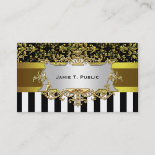 Damask, Black White Stripe Gold Ribbon, Gold Label Business Card