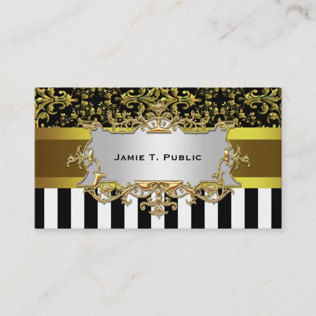 Damask, Black White Stripe Gold Ribbon, Gold Label Business Card (Front)