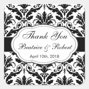 Damask black, white Wedding Thank You Square Sticker